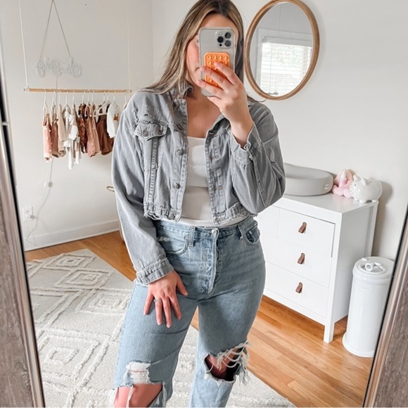 Mustard seed grey cropped distressed jacket - Picture 1 of 6